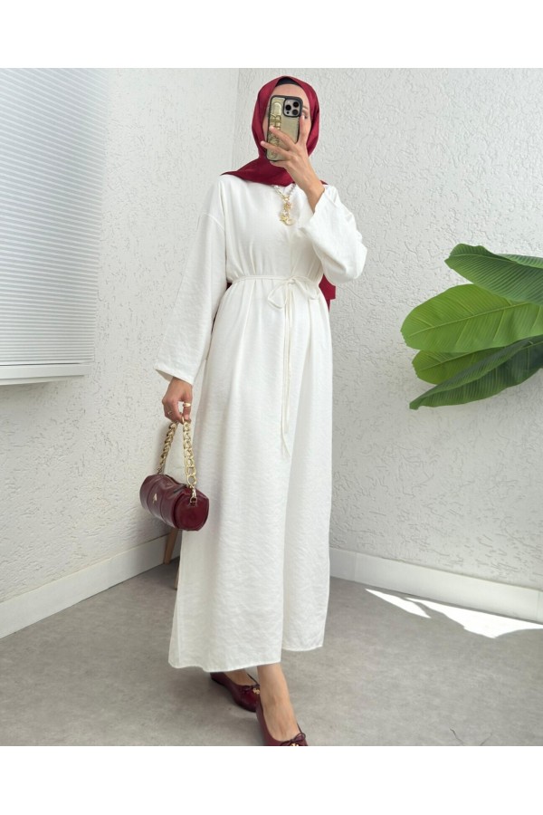 Linen Dress with Tied Waist and Back Zipper -Ecru