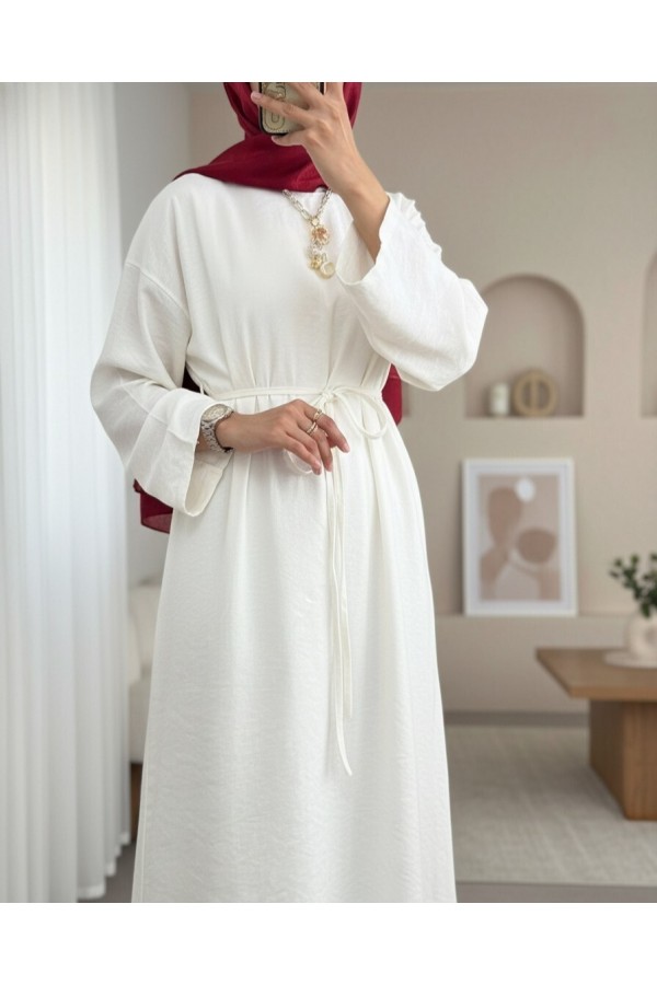 Linen Dress with Tied Waist and Back Zipper -Ecru