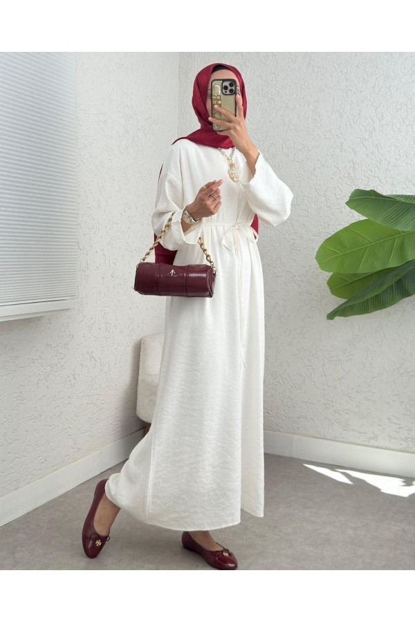 Linen Dress with Tied Waist and Back Zipper -Ecru