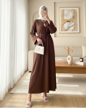 Linen Dress with Tied Waist and Back Zipper -Brown