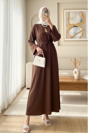 Beli Bağlamalı Arkası Fermuarlı Keten Elbise -Kahve