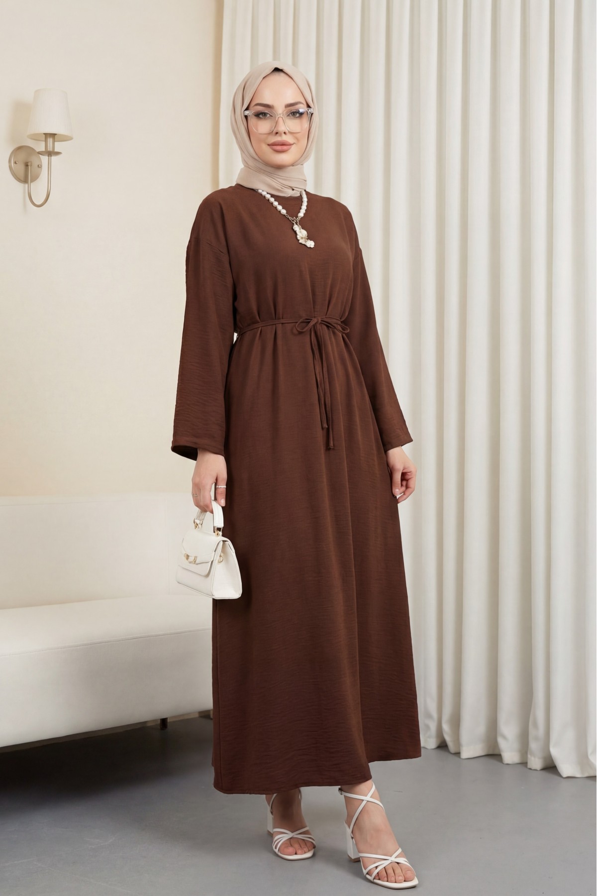 Linen Dress with Tied Waist and Back Zipper -Brown