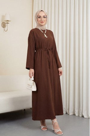 Beli Bağlamalı Arkası Fermuarlı Keten Elbise -Kahve