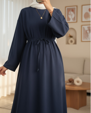Linen Dress with Tied Waist and Back Zipper -Navy blue