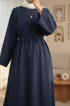 Beli Bağlamalı Arkası Fermuarlı Keten Elbise -Laci