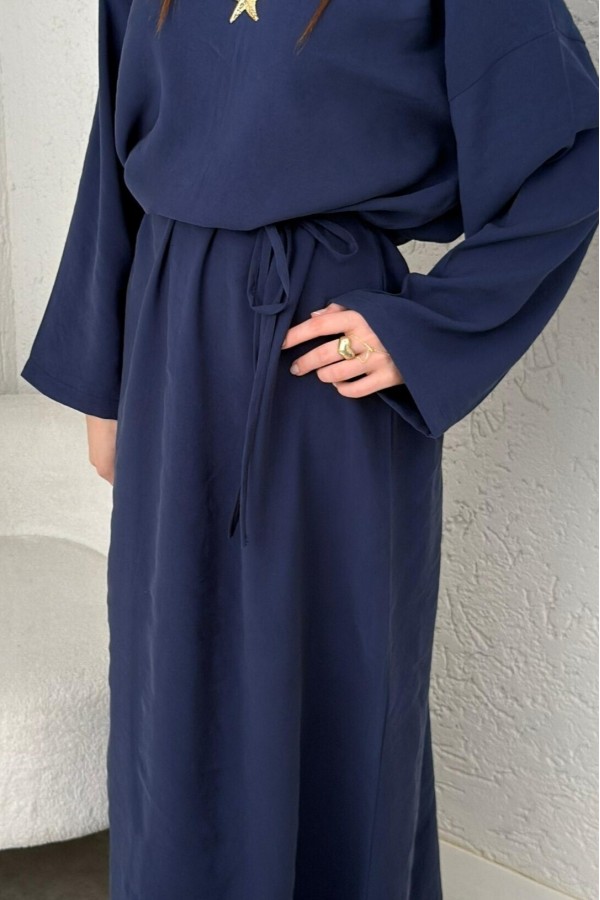 Linen Dress with Tied Waist and Back Zipper -Navy blue