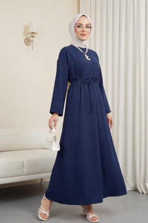 Beli Bağlamalı Arkası Fermuarlı Keten Elbise -Laci