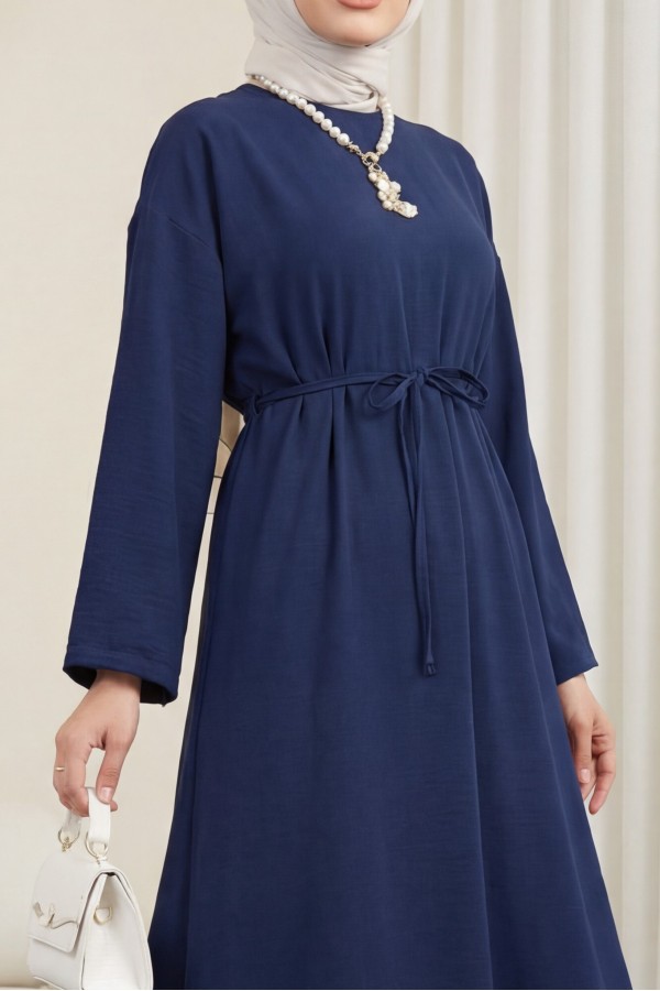 Linen Dress with Tied Waist and Back Zipper -Navy blue