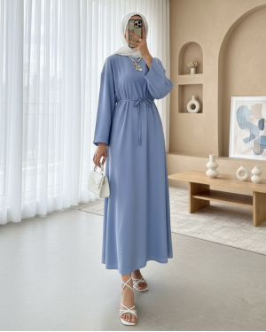 Linen Dress with Tied Waist and Back Zipper -Blue