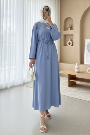 Beli Bağlamalı Arkası Fermuarlı Keten Elbise -Mavi