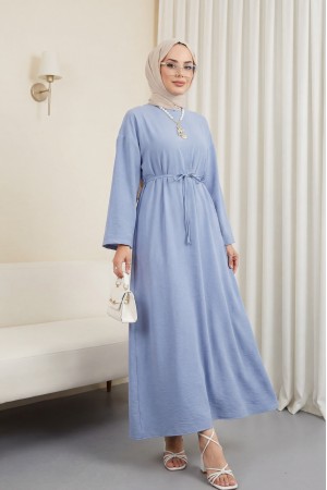 Beli Bağlamalı Arkası Fermuarlı Keten Elbise -Mavi