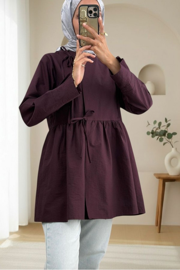 Önü Çapraz Bağlamalı Parçalı Kimono -Mürdüm