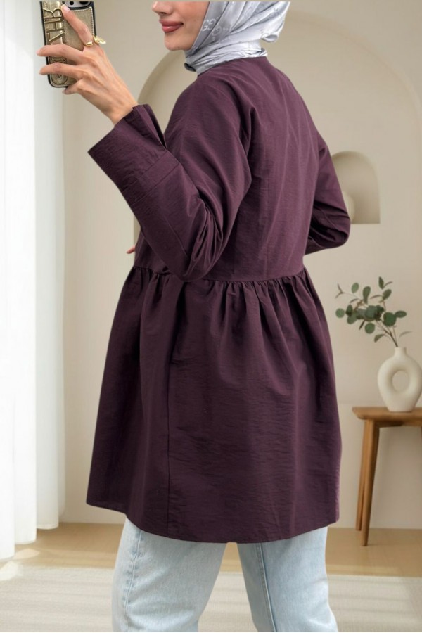Önü Çapraz Bağlamalı Parçalı Kimono -Mürdüm