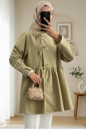 Önü Çapraz Bağlamalı Parçalı Kimono -Zeytin