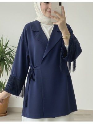 Tie-Front Kimono Jacket with Tassel Detail on the Sleeves -Navy blue