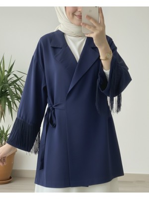 Önü Bağlamalı Kolu Püskül Detaylı Kimono Ceket -Laci