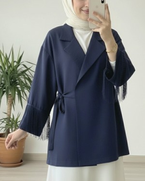 Tie-Front Kimono Jacket with Tassel Detail on the Sleeves -Navy blue