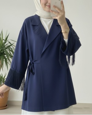 Tie-Front Kimono Jacket with Tassel Detail on the Sleeves -Navy blue