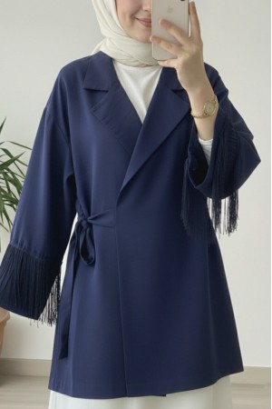 Önü Bağlamalı Kolu Püskül Detaylı Kimono Ceket -Laci