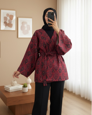 Dijital Baskılı Beli Kemerli Kapitone Kimono -Kırmızı