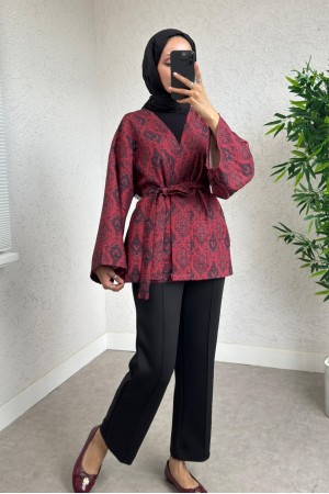 Digitally Printed Quilted Kimono with Waist Belt -Red