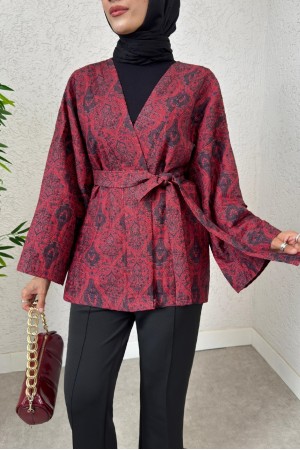 Digitally Printed Quilted Kimono with Waist Belt -Red