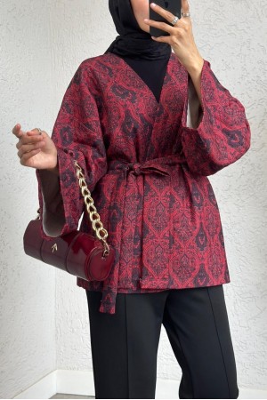 Dijital Baskılı Beli Kemerli Kapitone Kimono -Kırmızı