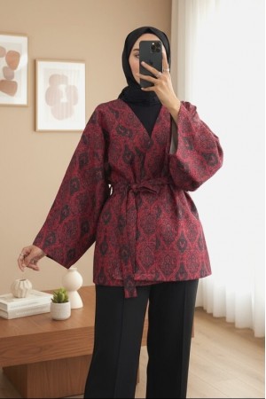Digitally Printed Quilted Kimono with Waist Belt -Red