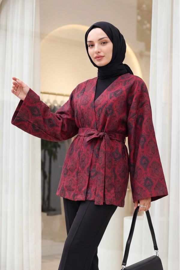 Dijital Baskılı Beli Kemerli Kapitone Kimono -Kırmızı