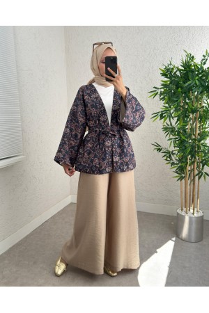 كيمونو مبطن مطبوع رقميًا مع حزام خصر -كحلي