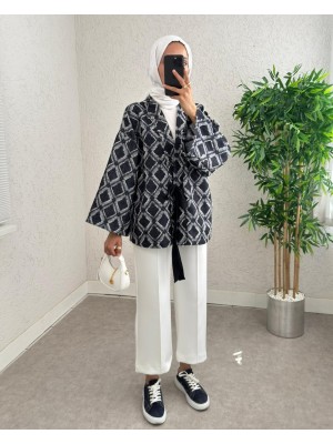 Beli Bağlamalı Kare Desen Saçaklı Kimono -K.Laci