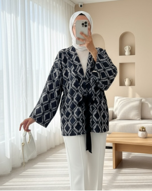 Beli Bağlamalı Kare Desen Saçaklı Kimono -K.Laci