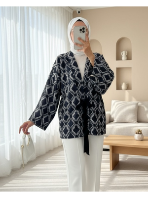 Beli Bağlamalı Kare Desen Saçaklı Kimono -K.Laci