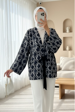 Beli Bağlamalı Kare Desen Saçaklı Kimono -K.Laci