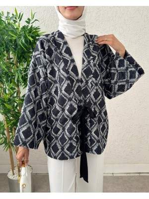 Beli Bağlamalı Kare Desen Saçaklı Kimono -K.Laci