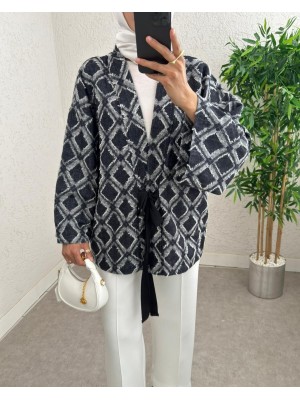Beli Bağlamalı Kare Desen Saçaklı Kimono -K.Laci