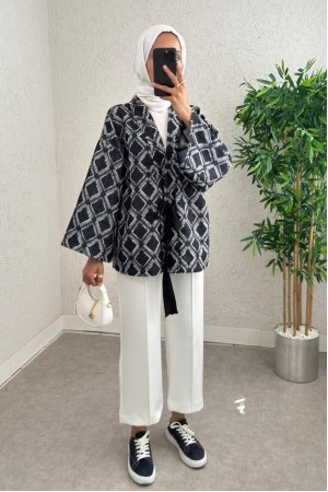 Tied Waist Square Pattern Fringed Kimono -dark lacquer