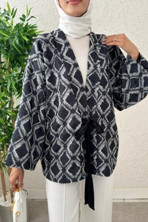 Tied Waist Square Pattern Fringed Kimono -dark lacquer