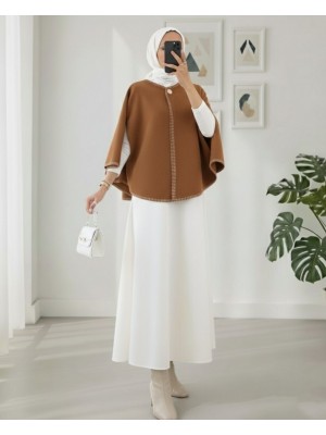 Çoban Dikişli Cepli Kaşe Panço -Açık Kahve