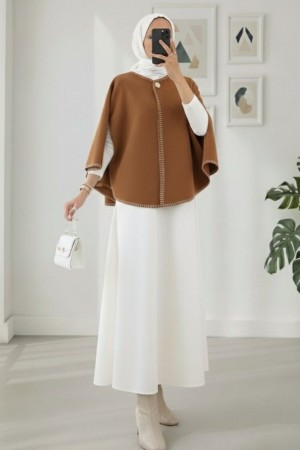 Çoban Dikişli Cepli Kaşe Panço -Açık Kahve