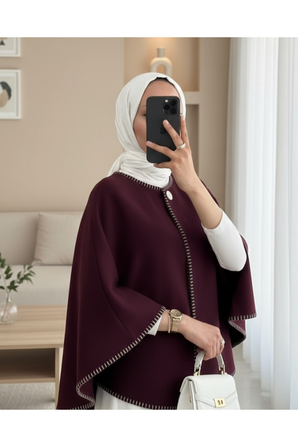 Çoban Dikişli Cepli Kaşe Panço -Mürdüm