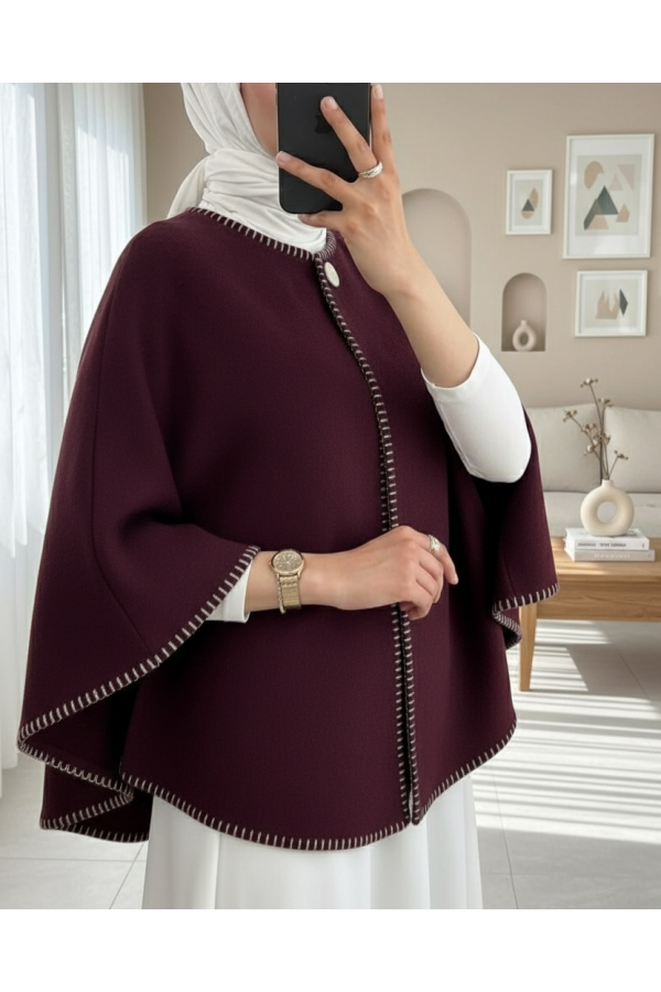 Çoban Dikişli Cepli Kaşe Panço -Mürdüm
