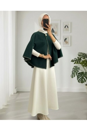 Çoban Dikişli Cepli Kaşe Panço -Zümrüt