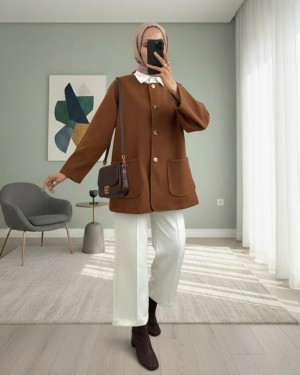 Double Pocket Buttoned Front Cashmere Jacket -Light coffee