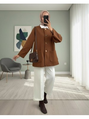 Çift Cepli Önü Düğmeli Kaşe Ceket -Açık Kahve