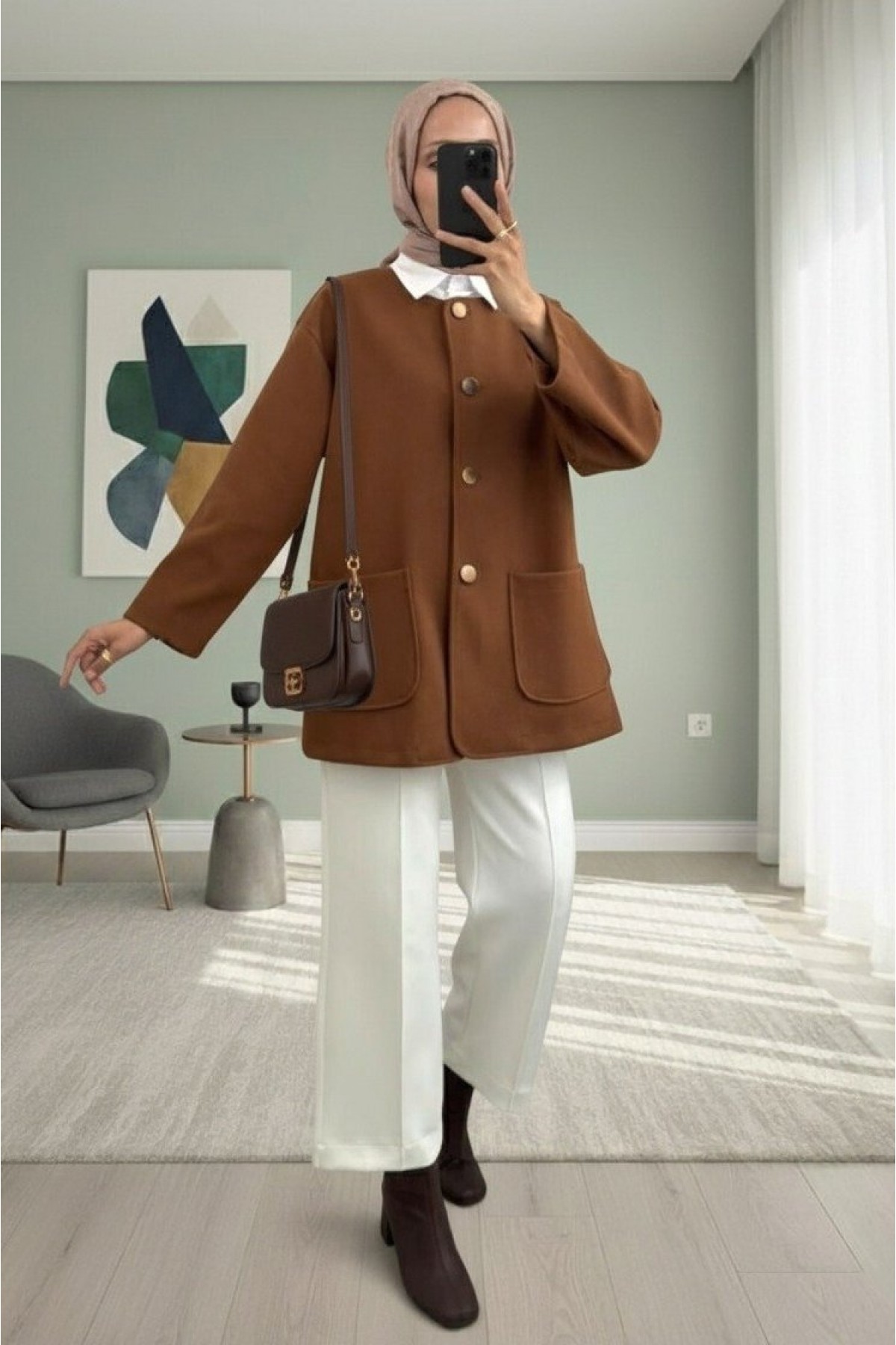Double Pocket Buttoned Front Cashmere Jacket -Light coffee