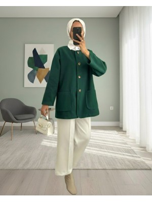 Çift Cepli Önü Düğmeli Kaşe Ceket -Zümrüt