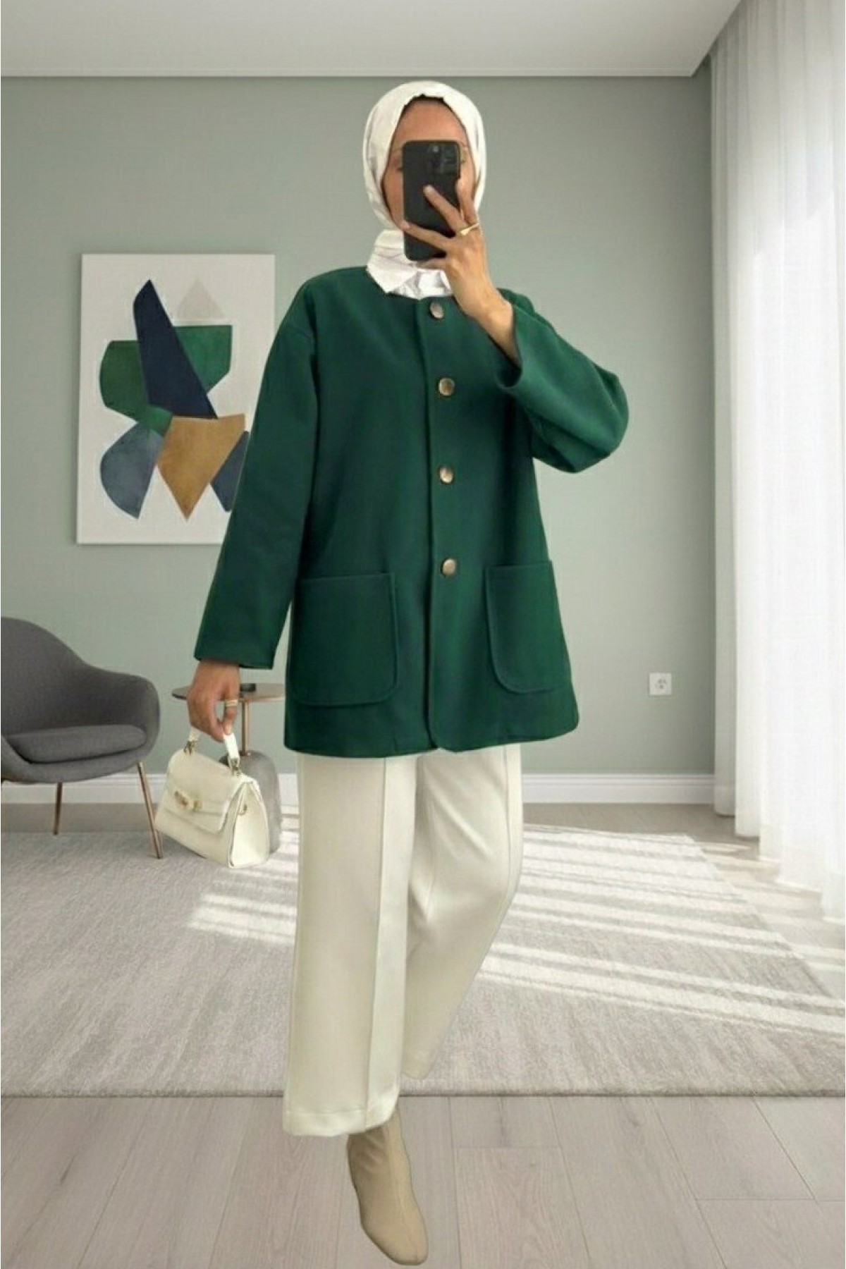 Double Pocket Buttoned Front Cashmere Jacket -Emerald
