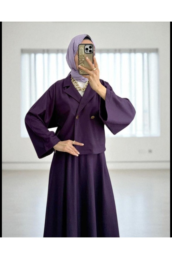 Single-Buttoned Felt Suit with Skirt - Purple