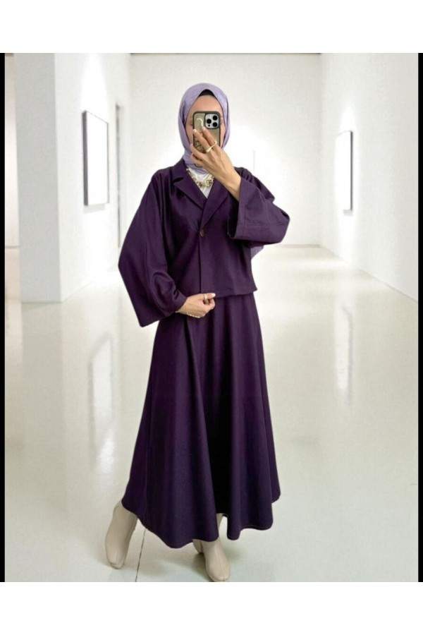 Single-Buttoned Felt Suit with Skirt - Purple